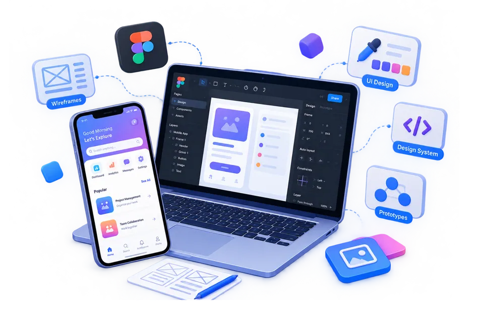 A 3D illustration of a UI/UX design workflow, featuring a laptop with a design interface, a smartphone showing a mobile app, and floating icons for wireframes, UI design, and prototypes.