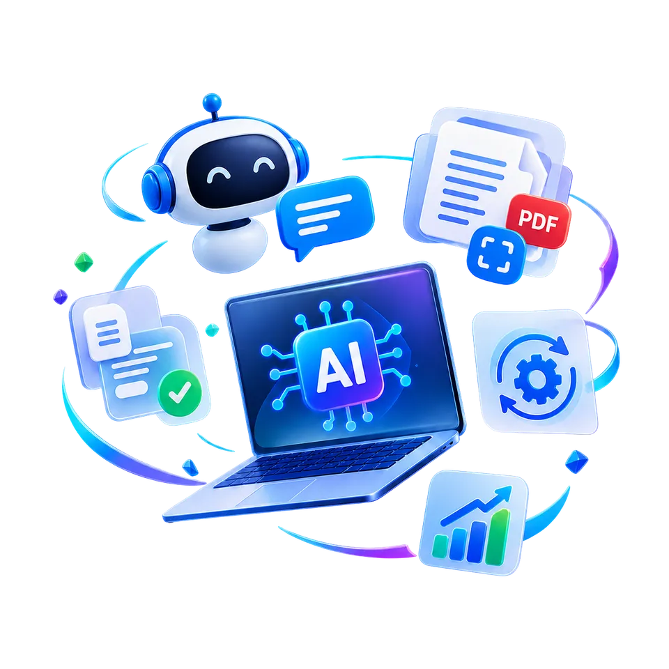 AI automation illustration featuring an AI assistant, document processing, and smart business workflow automation tools