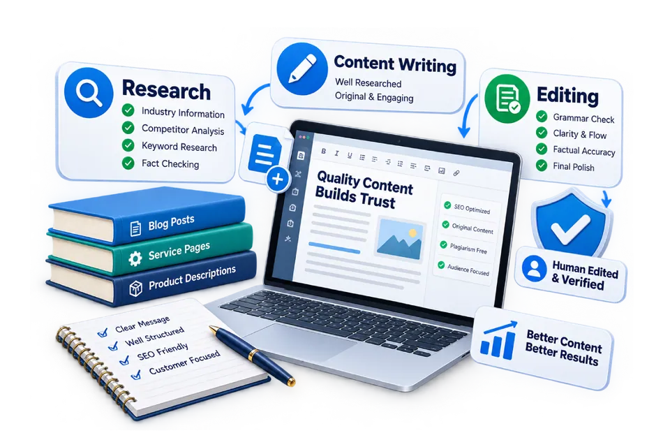 Website content writing illustration featuring researched blog posts, SEO-friendly content, professional editing, fact-checking, and human-verified website copy.