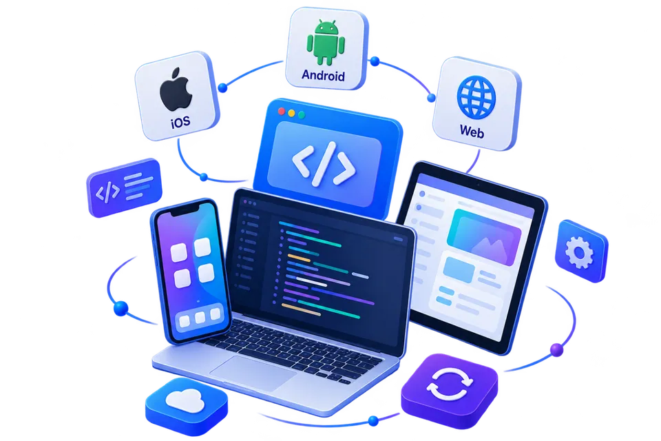 Cross-platform app development for iOS, Android and web with shared codebase and modern software interfaces