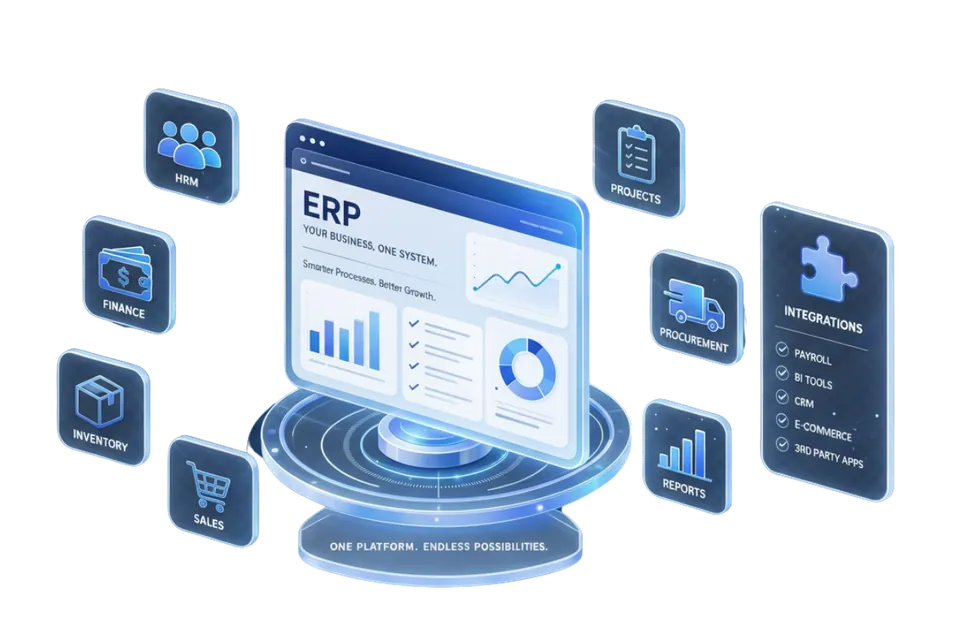 Customised HRM and ERP software dashboard illustration featuring employee management, attendance tracking, payroll management, leave management, performance monitoring, reports and analytics, with a modern laptop and colorful 3D icons.