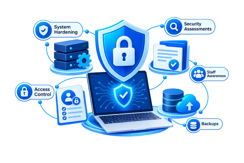 Modern 3D cybersecurity illustration featuring a central security shield and padlock, with icons for system hardening, security assessments, access control, staff awareness, and cloud backups, connected around a secure laptop in a blue-and-white design.
