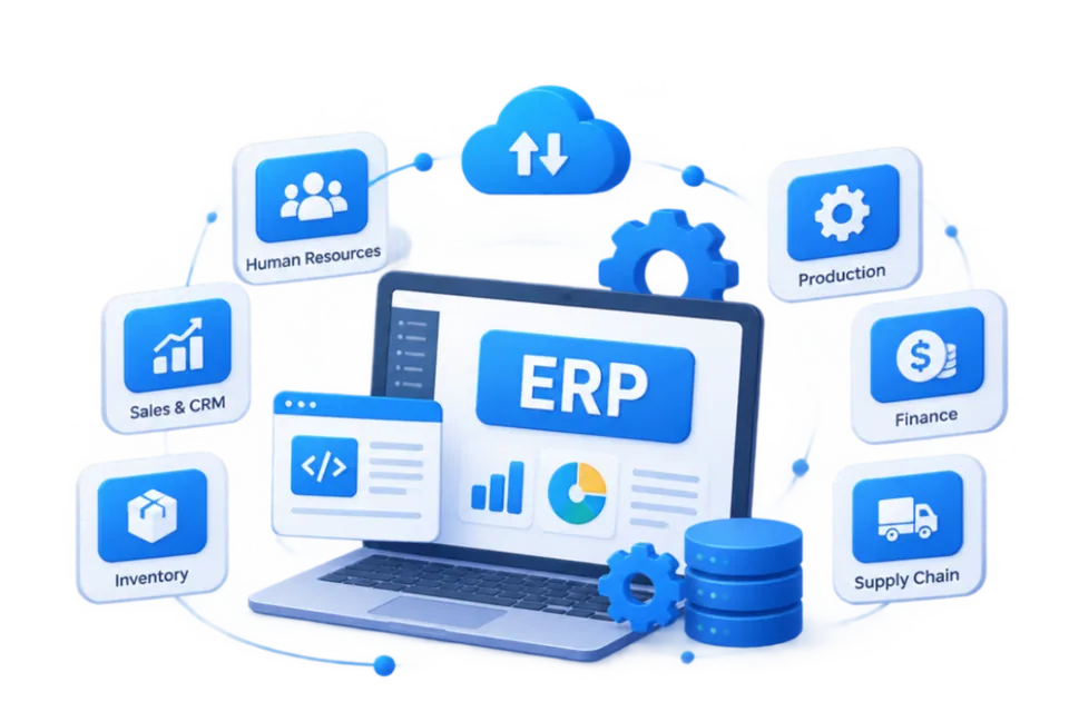 Cloud-based business management system infographic featuring HR & Payroll, Finance & Accounts, Inventory Management, Sales & Purchasing, Operations Management, and Reports & Analytics modules connected to a central cloud analytics icon on a transparent background.