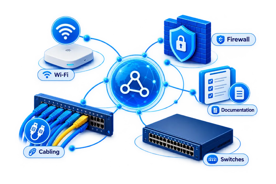 3D network infrastructure illustration featuring Wi-Fi, firewall security, network cabling, switches, and documentation connected through a centralized network hub in a modern blue-and-white design.