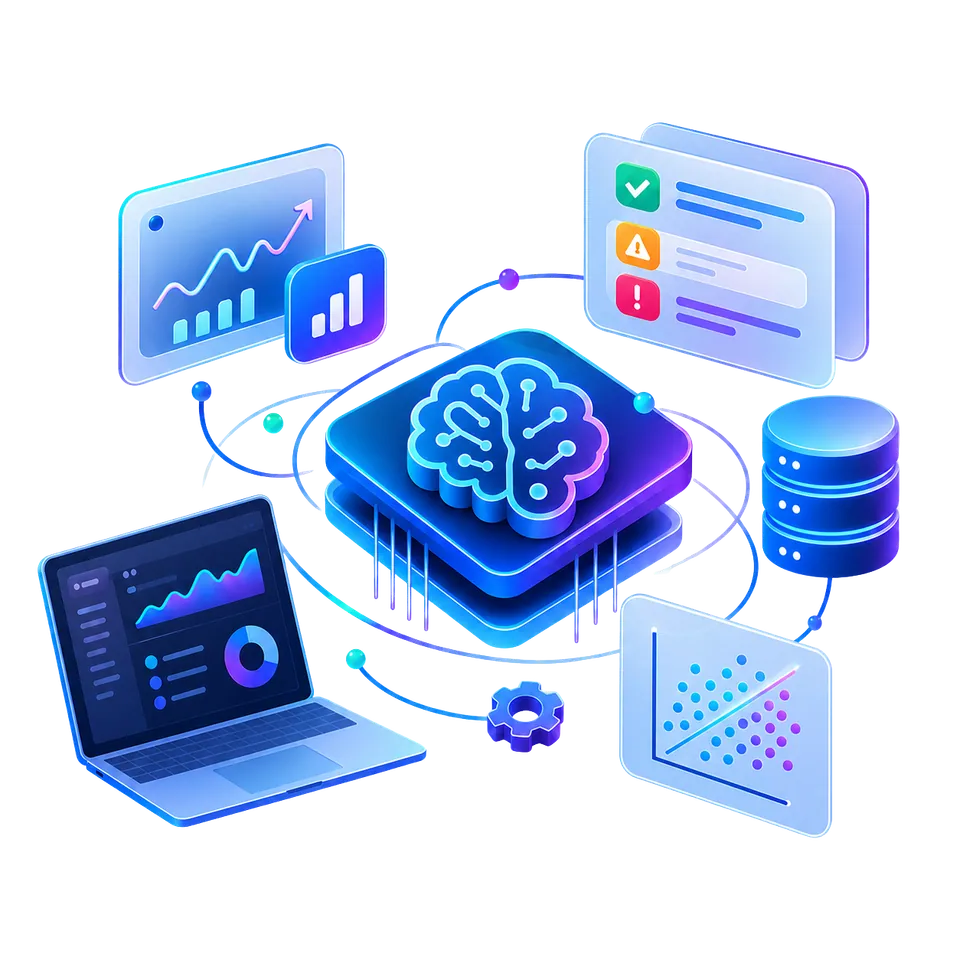 Machine learning development illustration with AI neural networks, predictive analytics, data visualization charts, and automated anomaly detection