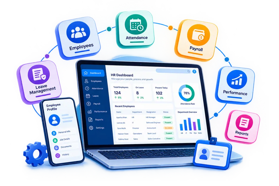 HR dashboard on laptop and monitor in a modern office, with recruitment, payroll, attendance and records icons