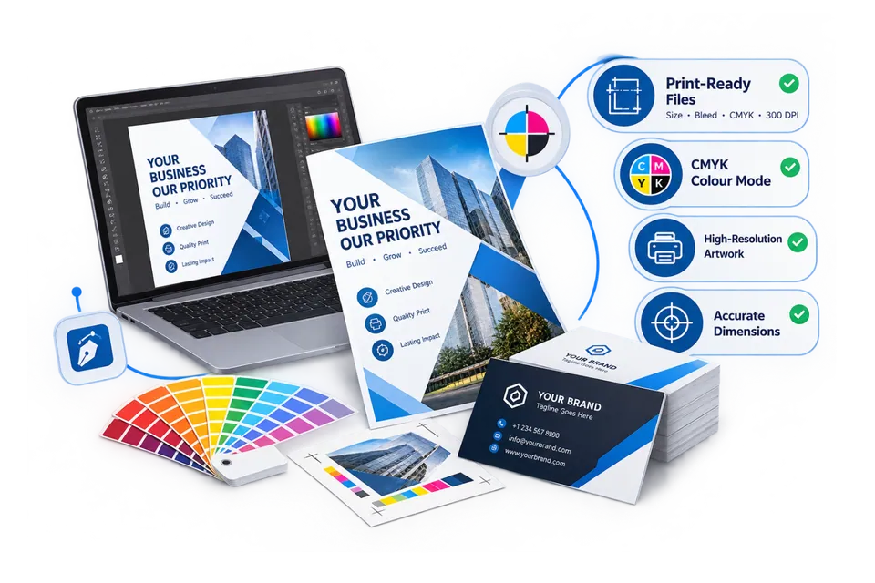 Professional flyer and business card design featuring print-ready files, CMYK colour mode, high-resolution artwork, and accurate print dimensions.