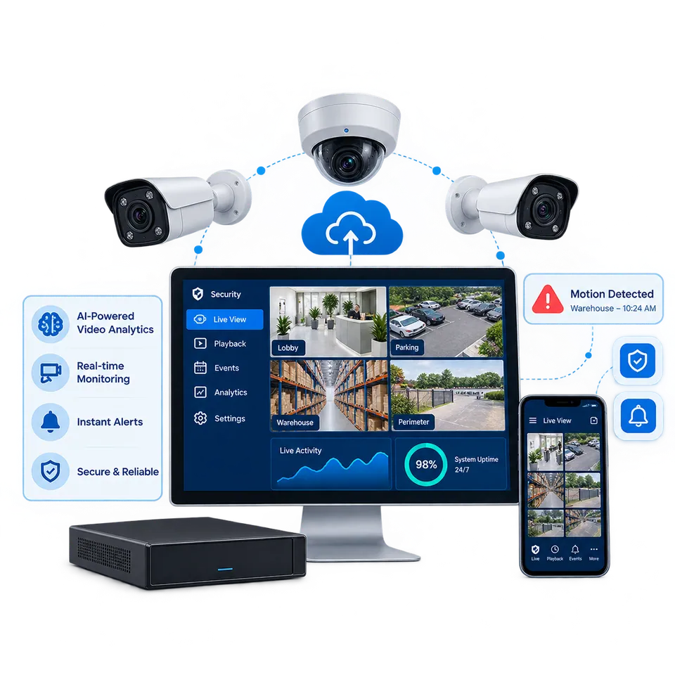 AI-powered remote security camera monitoring system showing live video feeds, mobile app integration, and real-time analytics for 24/7 surveillance.