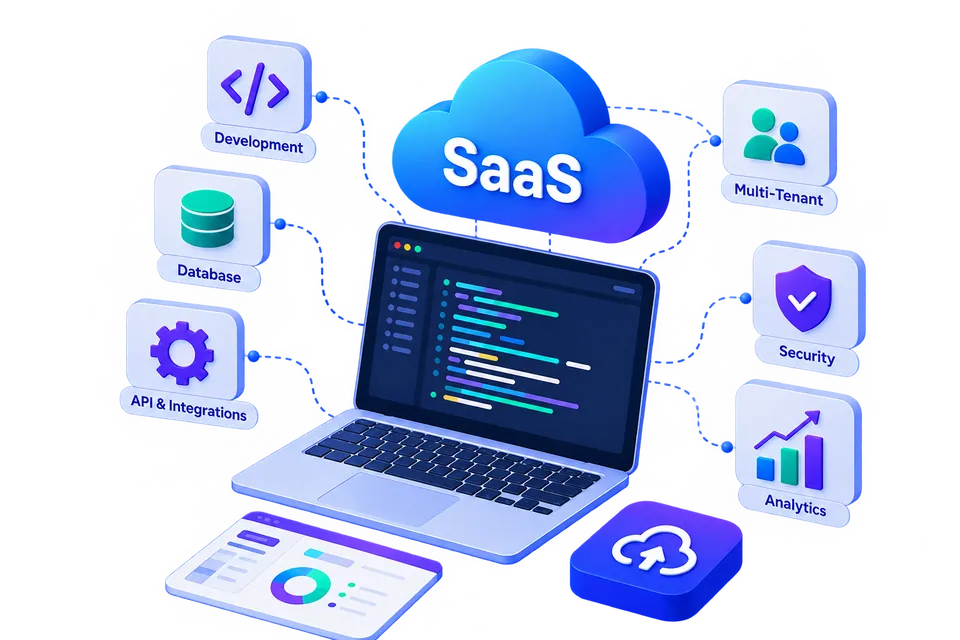 SaaS development services featuring custom software, cloud infrastructure, database integration, security, and analytics