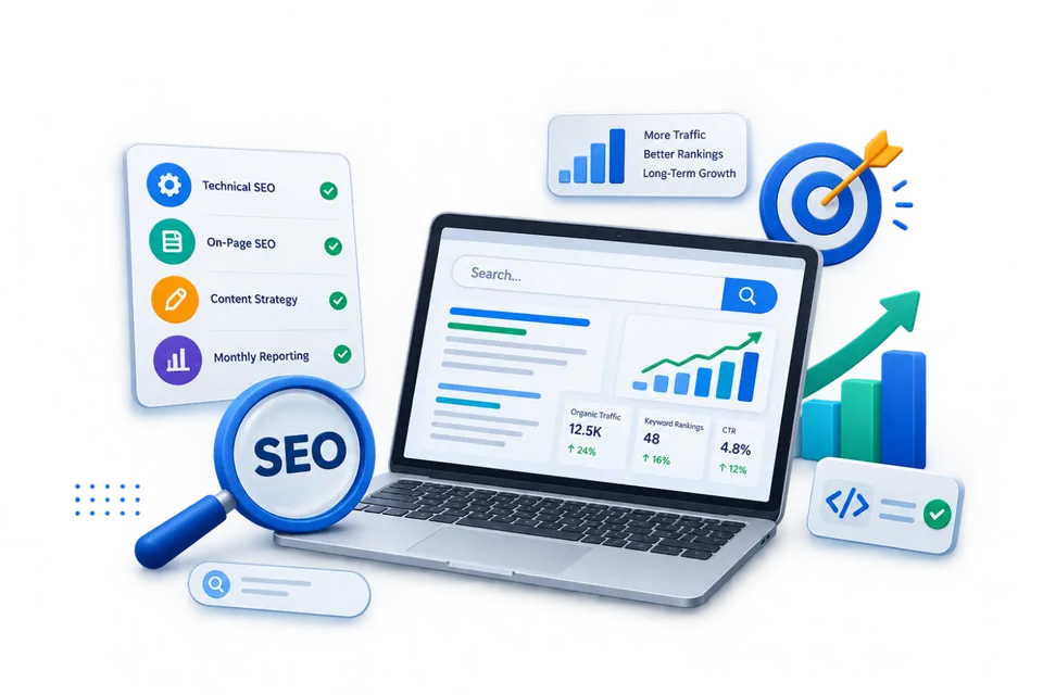 SEO services illustration featuring technical SEO, on-page optimization, keyword rankings, organic traffic growth, and analytics reporting.