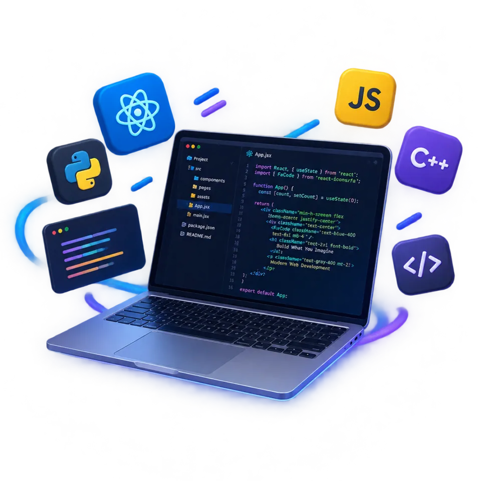 Modern 3D web development illustration featuring a laptop with a dark code editor screen, surrounded by programming icons including React, JavaScript, Python, C++, and coding symbols on a transparent background.
